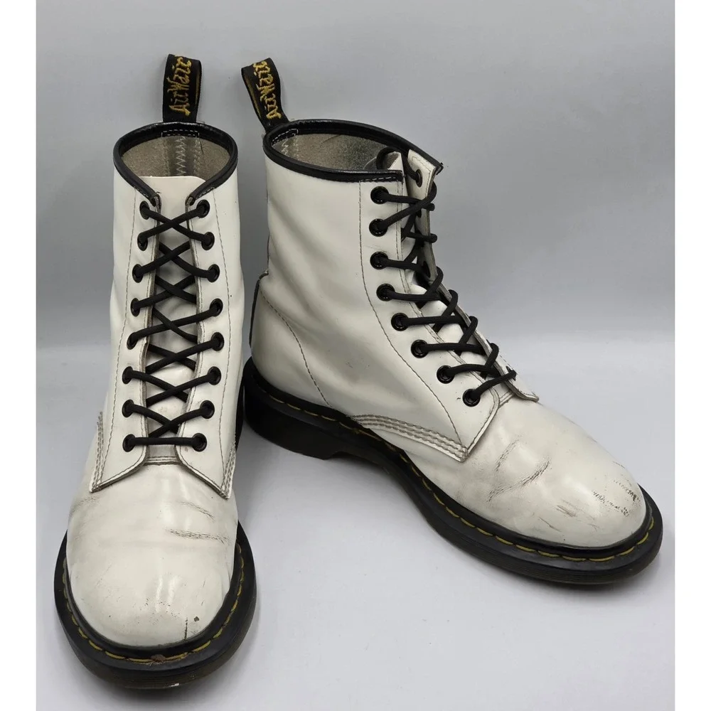 Dr Dr. Martens 1460 Black White Leather Boots UK 7 US Men 8 EU 41 Lace Up